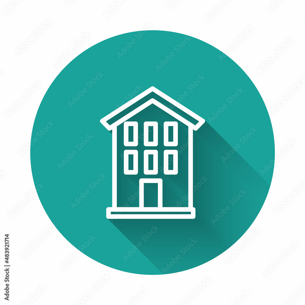 White line House icon isolated with long shadow. Home symbol. Green circle button. Vector White line House icon isolated with long shadow. Home symbol. Green circle button. Vector