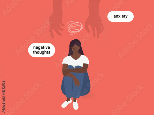 Anxiety and negative thoughts. Sad woman with depression. Vector
