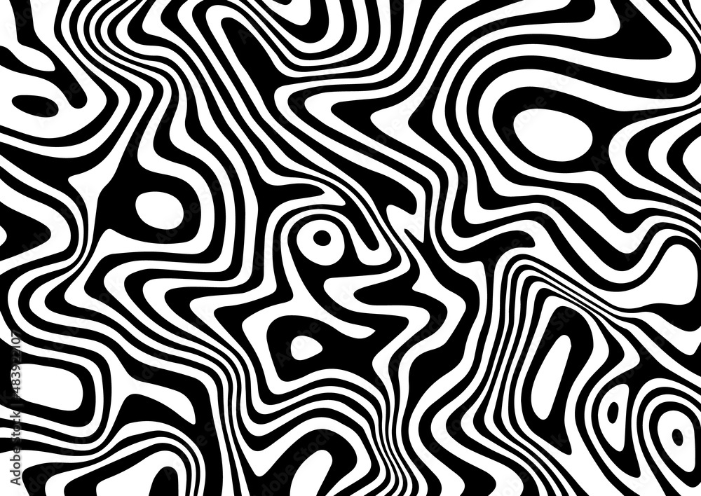 Black and white abstract striped background.Optical illusion of wrapped shapes.Smooth and wavy lines.Vector illustration. Black and white abstract striped background.Optical illusion of wrapped shapes.Smooth and wavy lines.Vector illustration.