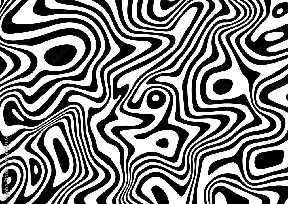 Black and white abstract striped background.Optical illusion of wrapped shapes.Smooth and wavy lines.Vector illustration.