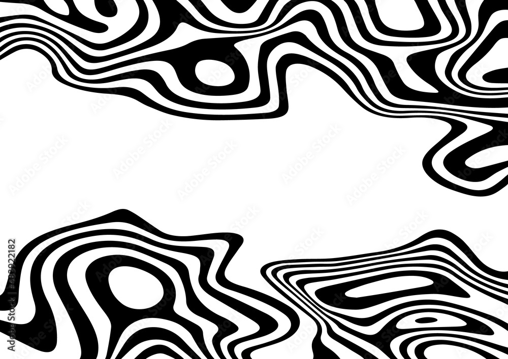 Black and white abstract striped background.Optical illusion of wrapped shapes.Smooth and wavy lines.Vector illustration.