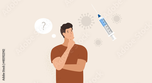 Man thinking about Coronavirus vaccination. Choice. Yeas or no. Vector