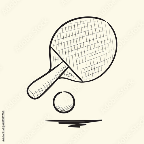 Table tennis racket and ball. Hand drawn vector illustration.