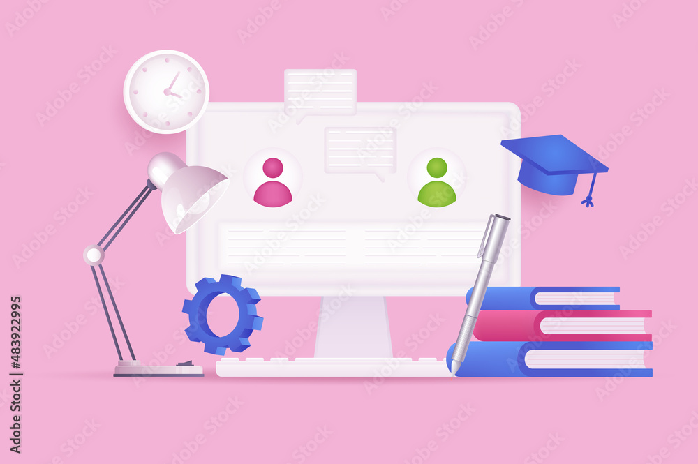 Distant learning and education concept 3D illustration. Icon composition with school chat on computer screen, textbooks, graduation hat, lamp, pen, clock. Vector illustration for modern web design