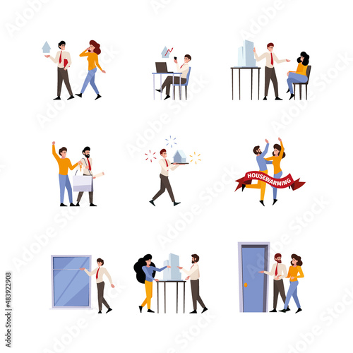 People buying house. Real estate agent sold living room new house for happy couples garish vector flat illustrations set