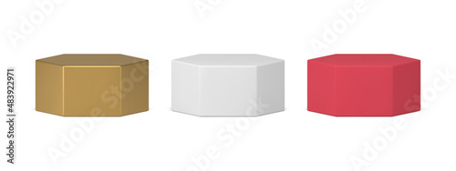 Collection realistic hexagon stage platform display product advertising presentation 3d vector