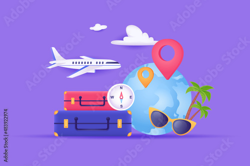 Traveling and go on vacation concept 3D illustration. Icon composition with passenger suitcases  compass  airplane  global tourism  sea resort  location pins. Vector illustration for modern web design