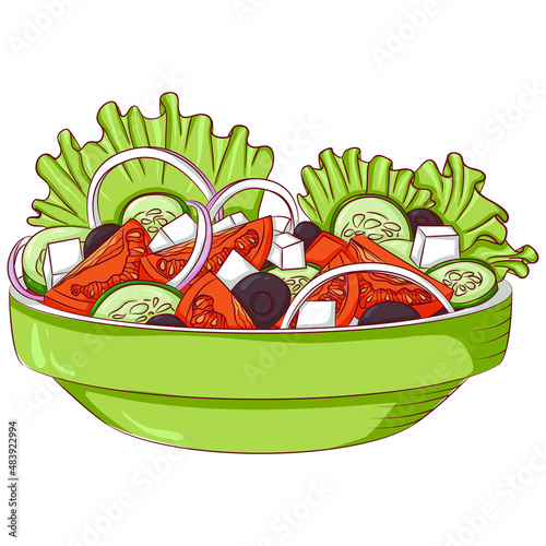Vector cartoon illustration of Greek salad isolated on white. Healthy eating. European Mediterranean food cuisine. Food Icon. Design for cookbook, restaurant business.