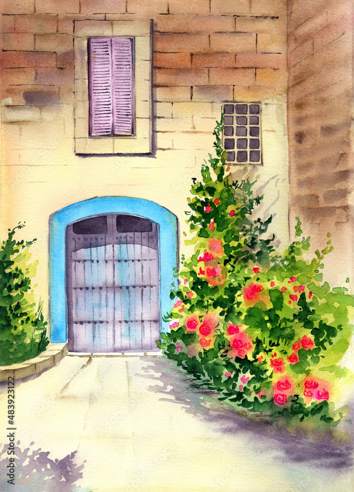Watercolor illustration of the facade of an old brick house with a window with pink shutters, a large antique wooden door under a turquoise arch and a flowering climbing plant Watercolor illustration of the facade of an old brick house with a window with pink shutters, a large antique wooden door under a turquoise arch and a flowering climbing plant
