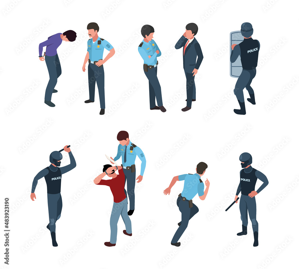 Obraz premium Policeman isometric. Urban force military emergency service persons arrested lifeguards action officers shooting immobilization persons garish vector characters collection
