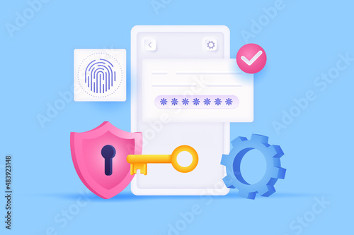 Cyber security at mobile phone concept 3D illustration. Icon composition with password on screen, fingerprint scanner, key and lock in shield, secure access. Vector illustration for modern web design