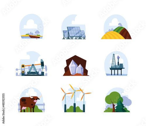 Natural resources. Gas oil energy from water underground mineral eco resourceful planet environment extraction garish vector concept illustrations set