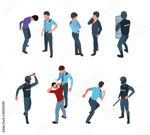 Policeman isometric. Urban force military emergency service persons arrested lifeguards action officers shooting immobilization persons garish vector characters collection