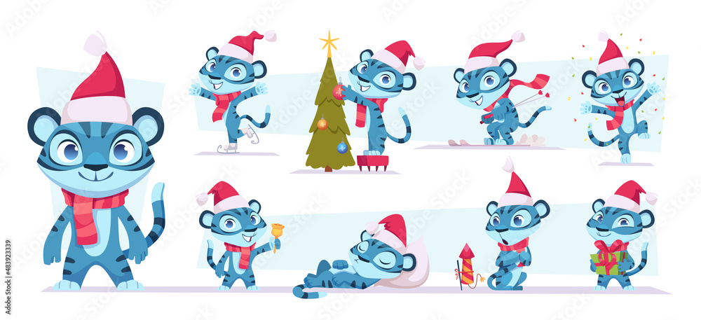 2022 year tiger. Xmas celebration cartoon character wild animal blue tiger in red cap playing in action poses exact vector colored promo illustrations