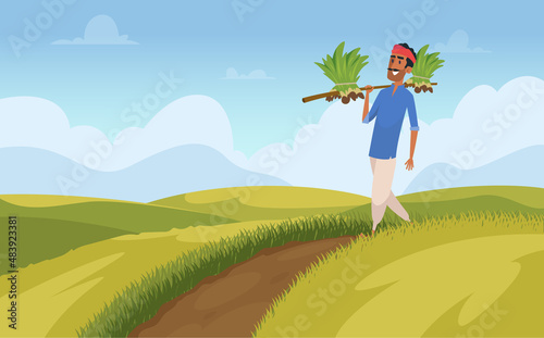 Indian harvesting background. Rural farmer working in field nature people agriculture colored template exact vector illustration