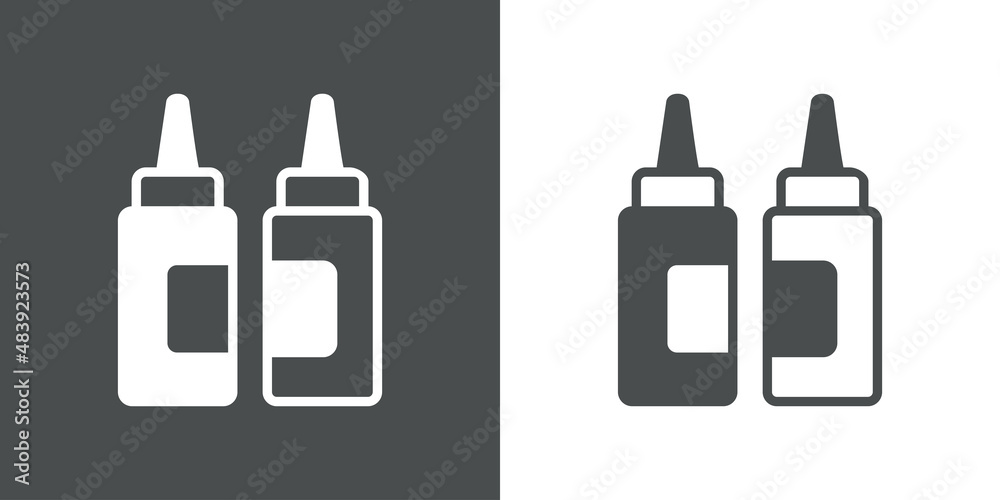 Botes de salsa mostaza y ketchup. Salsa picante envasada en botella de plástico. Icono plano con lineas en fondo gris y fondo blanco Botes de salsa mostaza y ketchup. Salsa picante envasada en botella de plástico. Icono plano con lineas en fondo gris y fondo blanco