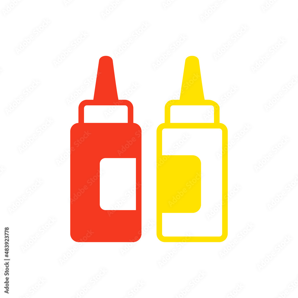 Botes de salsa mostaza y ketchup. Salsa picante envasada en botella de plástico. Icono plano con lineas en color amarillo y color rojo Botes de salsa mostaza y ketchup. Salsa picante envasada en botella de plástico. Icono plano con lineas en color amarillo y color rojo