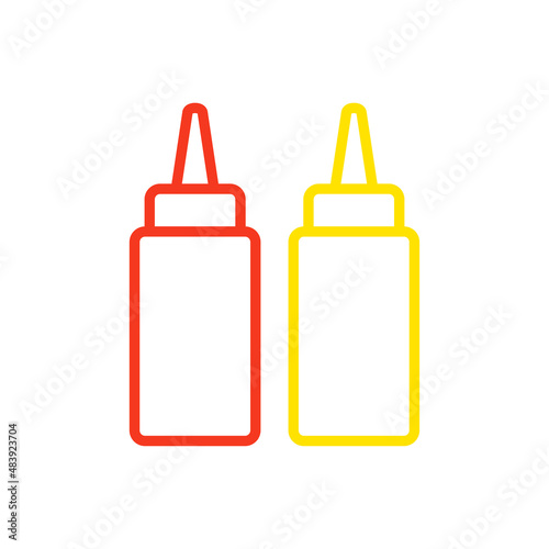 Botes de salsa mostaza y ketchup. Salsa picante envasada en botella de plástico. Icono plano con lineas en color amarillo y color rojo