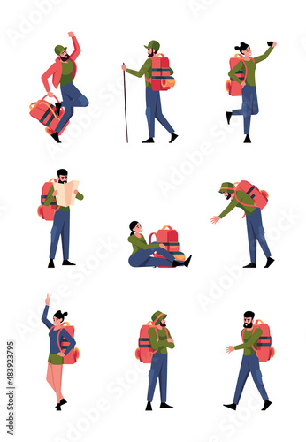 Characters with backpack. Hiking adventures climbing persons happy travellers garish vector flat illustrations set