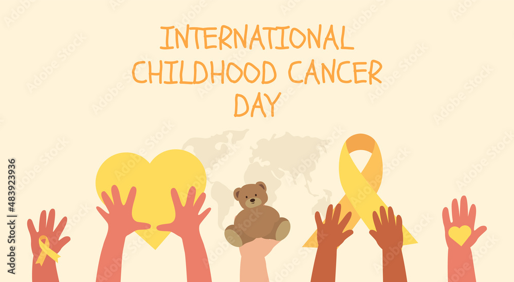 International Childhood Cancer Day. Kids hands raised up. Yellow ribbon. Vector - obrazy, fototapety, plakaty 