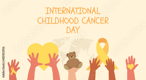 International Childhood Cancer Day. Kids hands raised up. Yellow ribbon. Vector