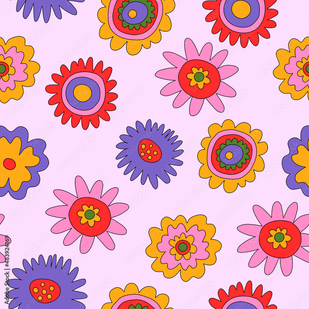 Fototapeta premium vintage vector seamless pattern in hippie style.70s and 60s funky and groovy postcards.Psychedelic pattern with flowers shapes.Vibrant ornament for wallpaper and back.Low contrast.Retro poster