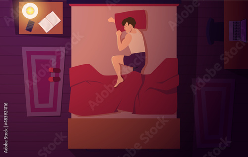 Sleeping top view. Tired characters relaxing on sofa modern bedroom interior dreaming people exact vector cartoon colored background