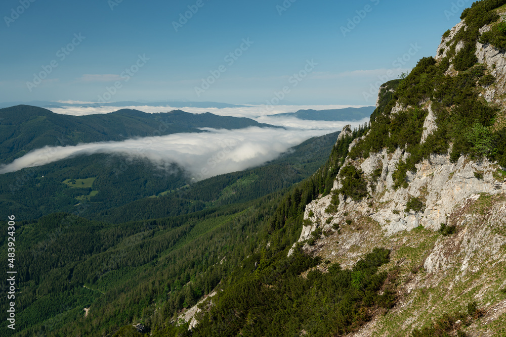 Scenic view from Rax mountains on a sunny morning in summer