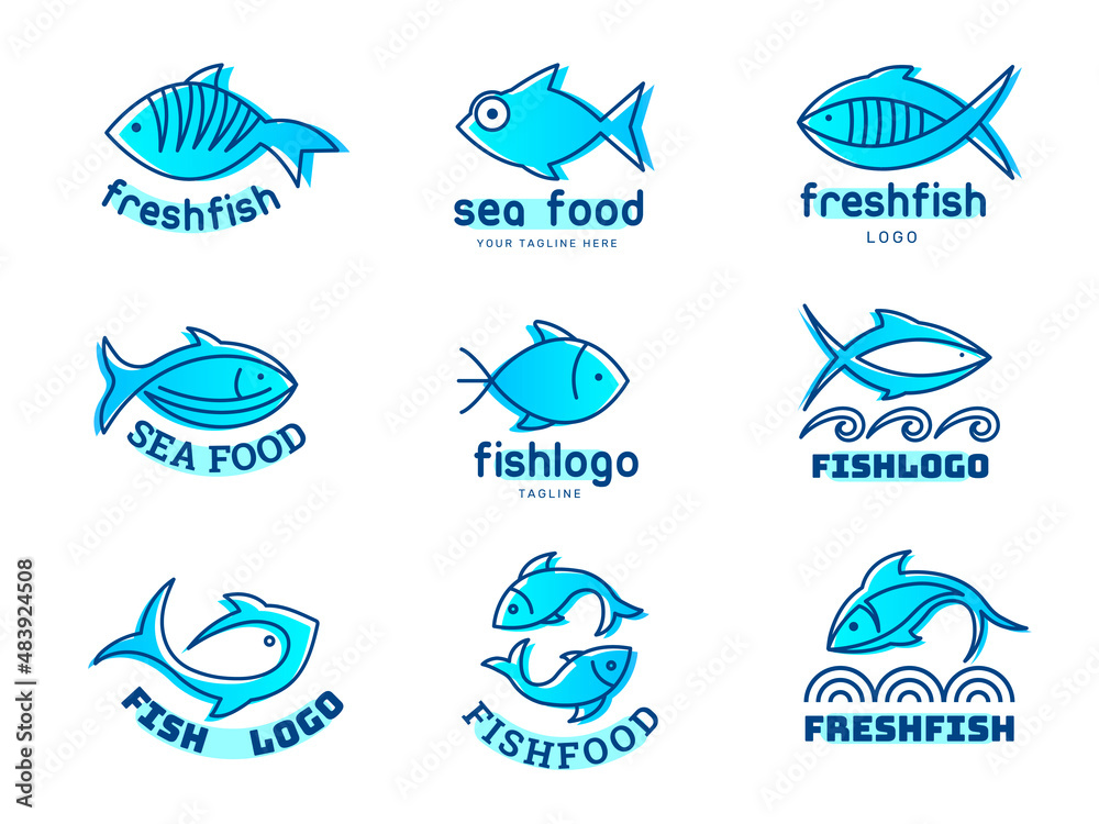 Fish logo. Stylized underwater animals icons identity for restaurant menu waves seafood pictures recent vector concept templates