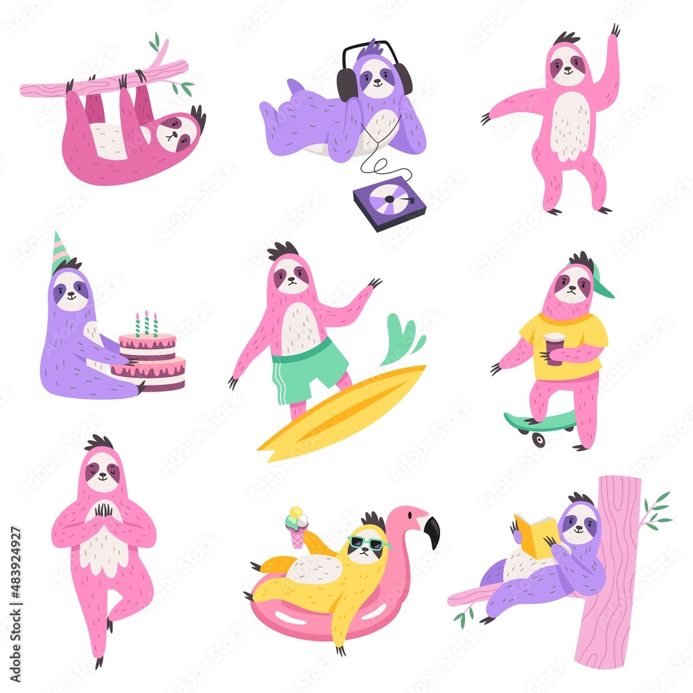 Cute sloths characters. Funny lazy animals do different things, wildlife fauna, branch hanging, yoga class, music listening, surfing and dancing on birthday vector cartoon flat isolated set