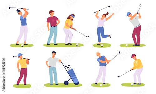 Golf players people. Male and female golfers, sportive characters, club members play on green fields, hitting ball with stick, sport summer outdoor activity, vector isolated set
