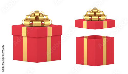 Beautiful three dimensional open and closed festive gift box wrapped by golden bow ribbon vector