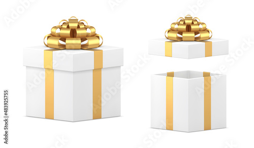 Squared 3d wrapped white gift box with golden metallic luxury bow ribbon set realistic vector