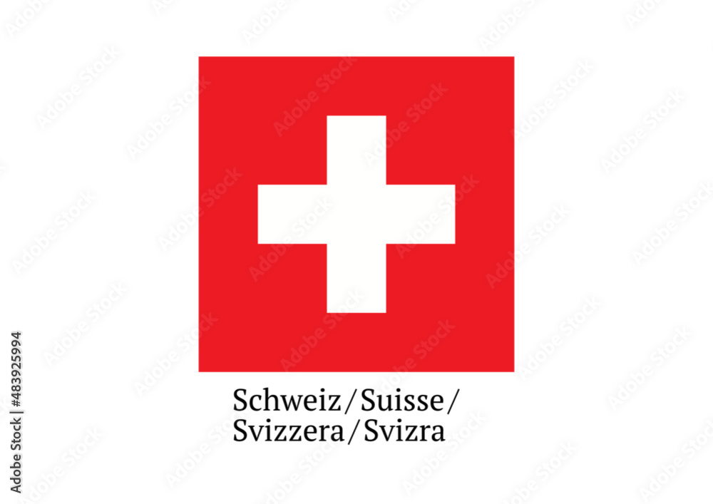 Coat of arms of Switzerland with text Switzerland in oll four languages of the country. Illustration made January 31st, 2022, Zurich, Switzerland. Coat of arms of Switzerland with text Switzerland in oll four languages of the country. Illustration made January 31st, 2022, Zurich, Switzerland.