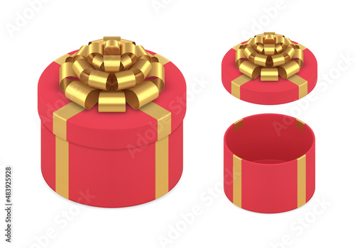 Luxury festive traditional red circled gift box metallic golden bow isometric 3d realistic vector