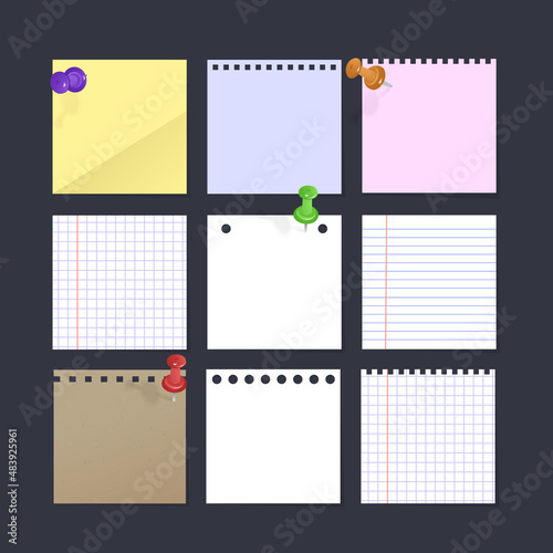 White paper sheets with scotch tape set. Sticky papers with adhesive sellotape stripes vector illustration. Sheet page for reminder message