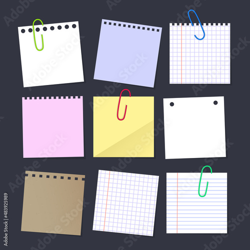 White paper sheets with scotch tape set. Sticky papers with adhesive sellotape stripes vector illustration. Sheet page for reminder message