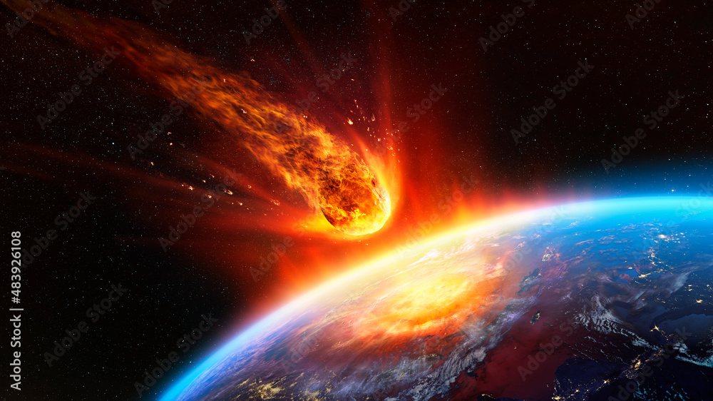 Meteor Impact On Earth - Fired Asteroid In Collision With Planet - Contain 3d Rendering - elements of this image furnished by NASA - obrazy, fototapety, plakaty 