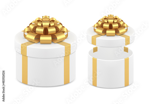 White gift box decorated metallic golden bow ribbon 3d vector illustration