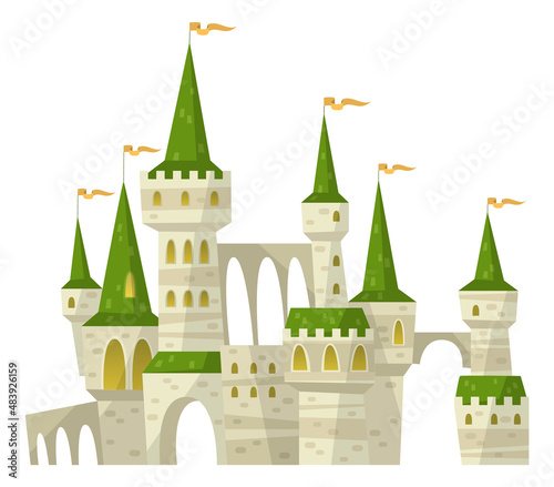 Medieval castle with green roofs. Fairytale palace towers