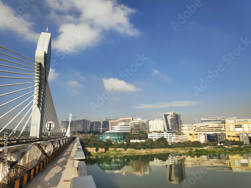 The new bridge connecting the traditional old and new hi tech regions of Hyderabad city in India photo