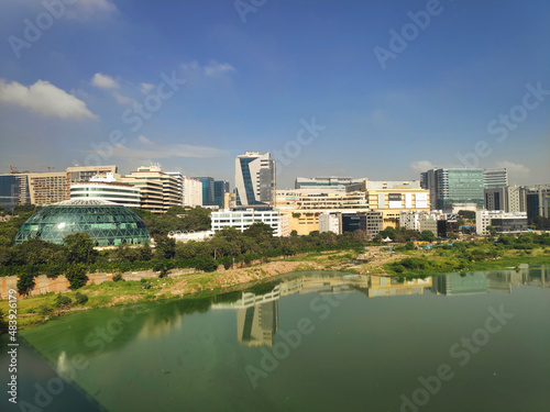 Cityscape of Hi Tech City in Hyderabad from the new bridge connecting old and new parts of the capital city in Telangana state, India