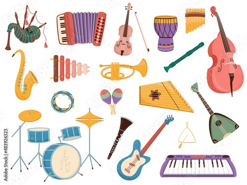 Musical instruments. Electronic and traditional instruments, cartoon style isolated orchestral tools. Brass, strings and percussion. Modern and ethnic music, bright colored vector set