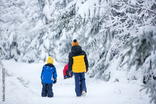 Sweet happy children, brothers, playing in deep snow in forest, frosted trees