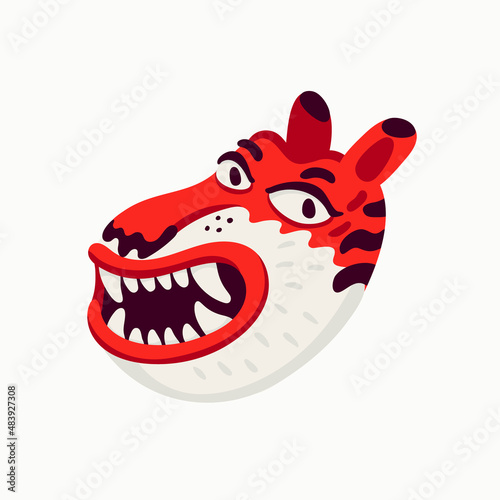 Tiger vector head, cartoon tiger funny face on white background.