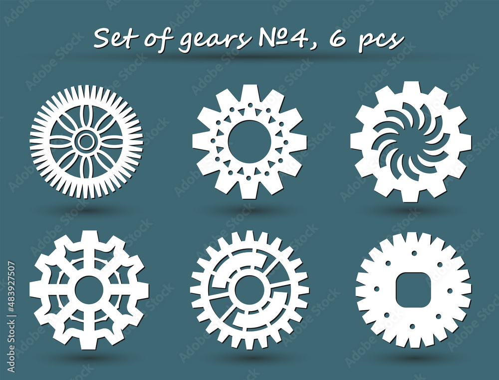 Set of gears 4. Six varieties. Collection of vector images