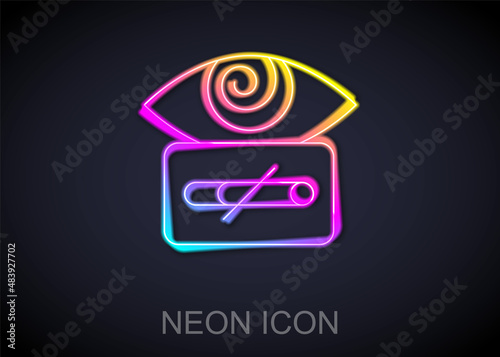 Glowing neon line Hypnosis icon isolated on black background. Human eye with spiral hypnotic iris. Vector