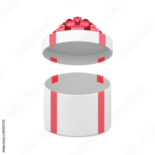 Tenderness glossy realistic white wrapped circled gift box with open cap present unpacking vector