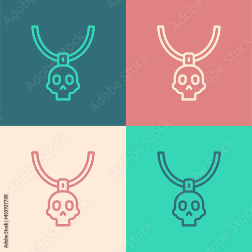 Pop art line Necklace amulet icon isolated on color background. Vector