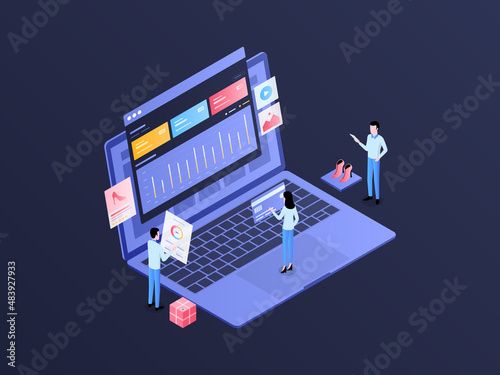 E-Commerce Ads Isometric Illustration Dark Gradient. Suitable for Mobile App, Website, Banner, Diagrams, Infographics, and Other Graphic Assets.